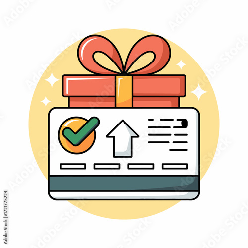 Gift card with purchase confirmation for online shopping present box and financial transaction success for holiday season offers
