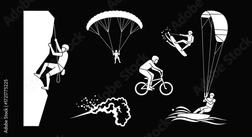 Extreme Sports Vector Icon Set with Monochrome Adventure Silhouettes