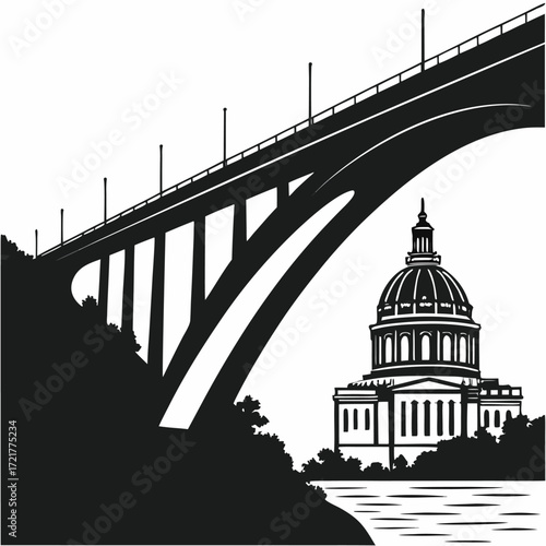 Black silhouette of an arch bridge spanning water, paired with a domed capitol building, representing iconic architectural landmarks and urban heritage