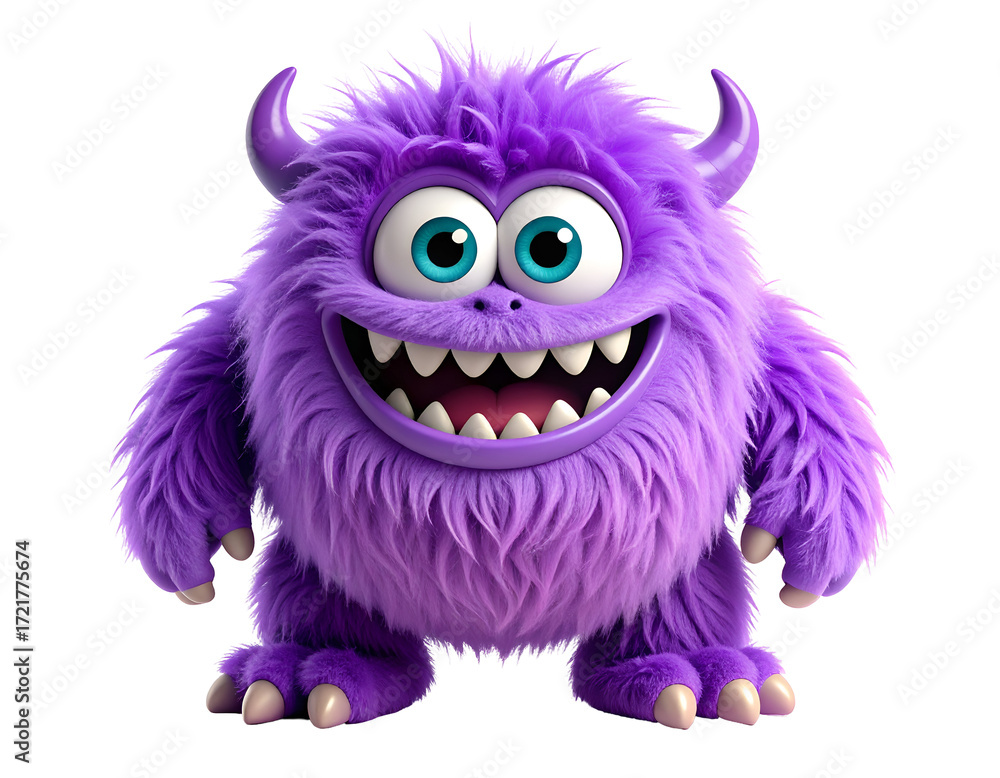 Naklejka premium A cheerful purple monster with fluffy fur and big eyes, showcasing a friendly and playful demeanor.