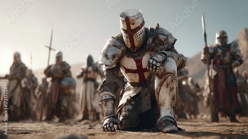 Knights in the desert praying. Knights wearing crusader armour are lined up behind, ready for battle. Courage, faith, and the desert terrain set the scene.