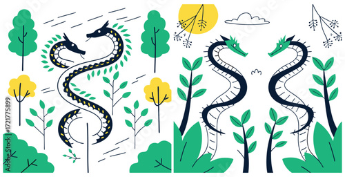 Majestic dragons crafted from intertwining vines and blooming flowers forming intricate natural sculptures vector art design