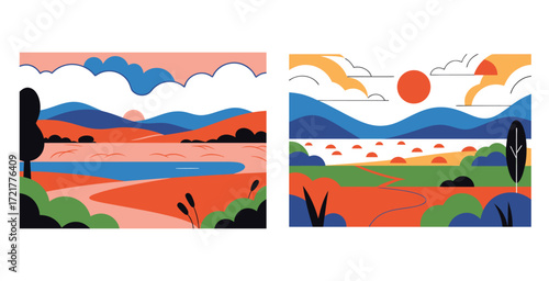 Peaceful landscape offering expansive, soothing views of rolling hills and open skies vector art design