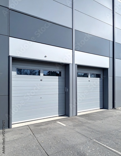 Two light gray sectional garage doors on a modern building