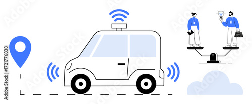Self-driving car emitting signals near a map pin. Two people balance on scales holding a light bulb. Ideal for technology, innovation, autonomy, navigation, teamwork, ideas data. Simple flat