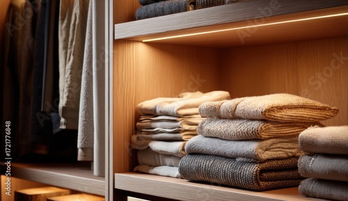 Organized closet shelves with folded clothes
