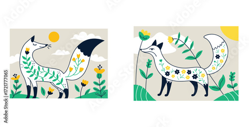 Whimsical fox composed entirely of delicate flowing flowers and intricate botanical elements vector art design