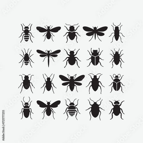 Black bug and insect vector icon set featuring multiple species for scientific, educational, or creative design projects and branding.