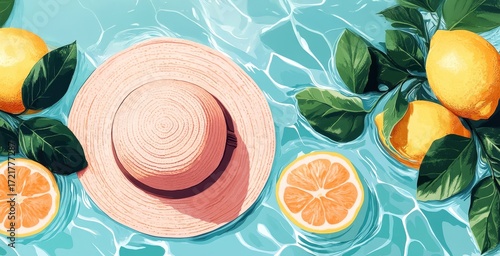 Lemon slices and a straw hat on a water surface, summertime vibes.