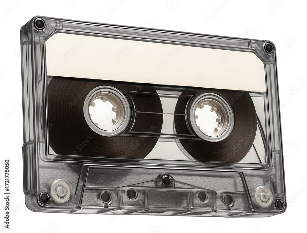 Obraz premium Vintage audio cassette tape, top view, representing 80s retro music.