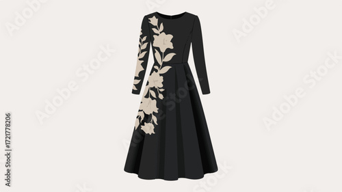 Black Long Sleeve Maxi Dress With Floral Applique Detail On White Background vector illustration