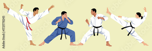 Martial Arts Class Vector Illustration,  Students Wearing Kimonos, Practicing Techniques, Fighting, Attacking, and Training Together in Dojo for Sports Education, Self-Defense, and Group Activity