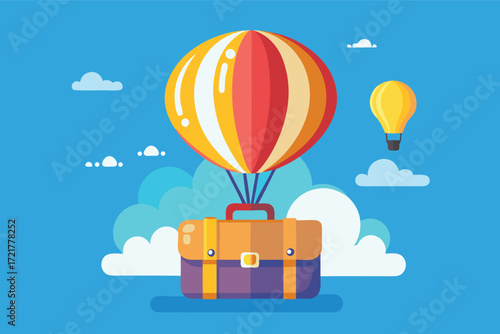 Colorful hot air balloons in a clear blue sky with a suitcase below on a sunny day