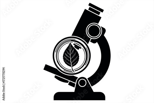 Black silhouette of a microscope examining a detailed leaf science biology