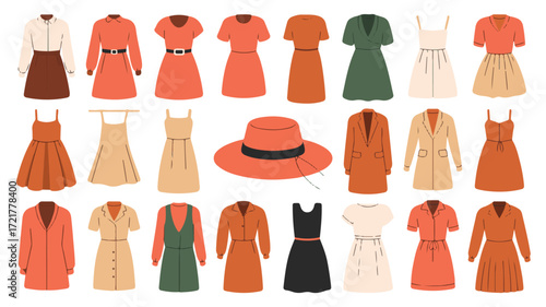 Assortment of Women's Dresses Skirts Jackets And Hats In Earthy Tones clothing fashion