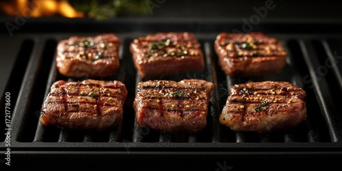 Grilling perfectly seared beef steaks outdoors on a barbecue during a sunny afternoon