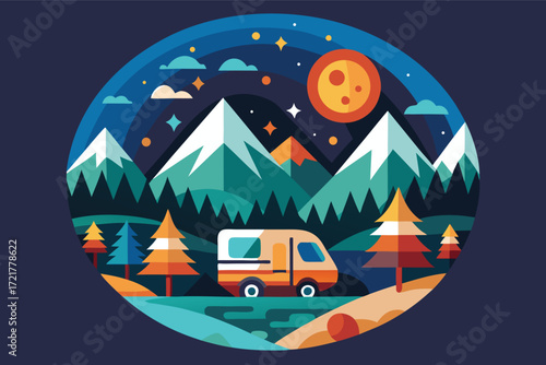 Scenic mountain landscape with a camper van and a starry night sky in a colorful design