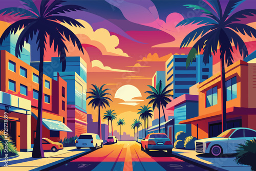 Colorful sunset street scene with palm trees and modern buildings in a vibrant urban setting