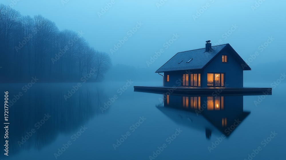 Fototapeta premium A cozy cabin stands in still water, radiating warmth as twilight casts an ethereal glow over the scene