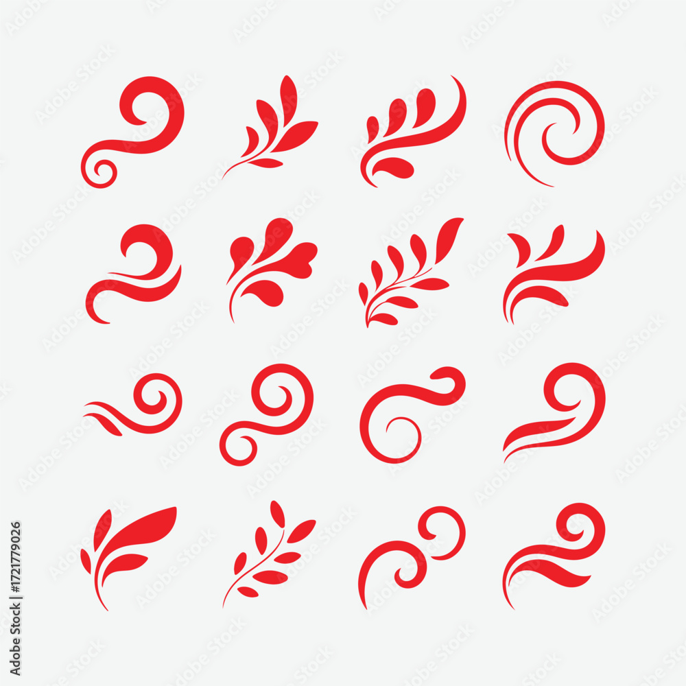 Obraz premium Creative red swirl and leaf abstract vector set for decorative elements, logos, invitations, and elegant design projects. Perfect for modern branding and art.