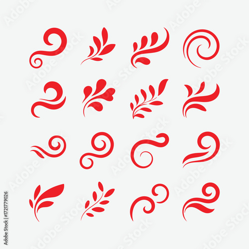 Creative red swirl and leaf abstract vector set for decorative elements, logos, invitations, and elegant design projects. Perfect for modern branding and art.