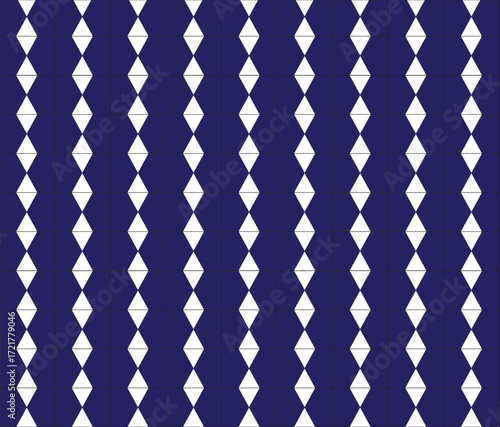 Vertical white diamond chain on deep blue background creates a bold geometric pattern—ideal for textiles, wallpapers, packaging, and modern decorative surfaces.