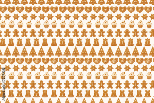 Seamless Christmas vector pattern with gingerbread cookies arranged in horizontal rows. Includes stars, hearts, houses, Christmas trees, bells and gingerbread men. Editable background color