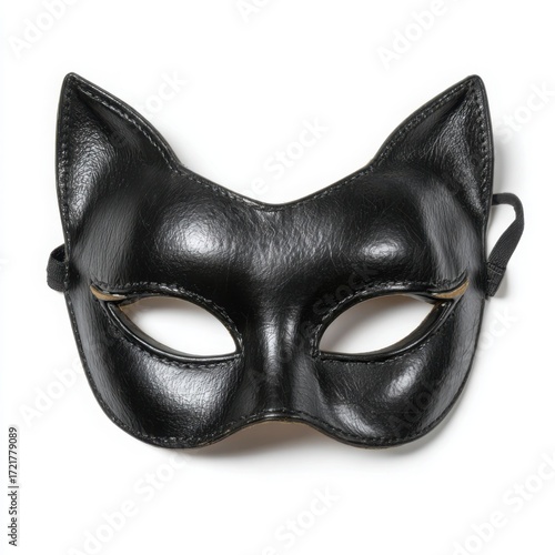 Elegant black leather cat mask with pointed ears and eye openings on a white background