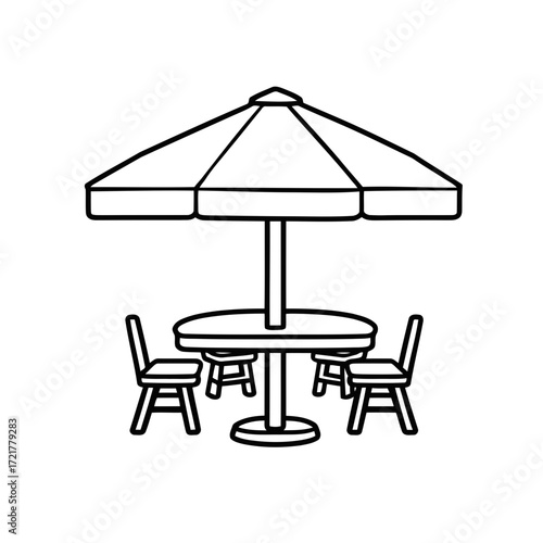 Vector illustration of a beach patio with a table, chairs, and a parasol for summer relaxation