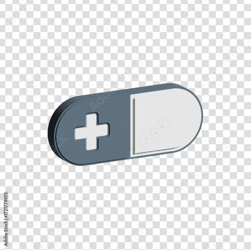 3D icon of a capsule pill in gray and white with a cross, representing pharmacy, medicine, and modern treatment.