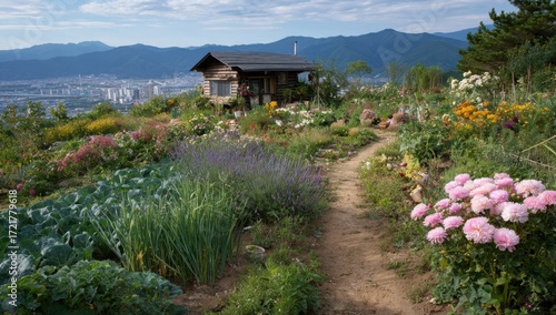 A mountaintop garden with a small wooden cabin