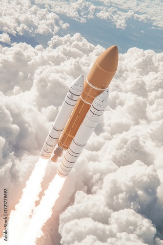 A powerful spacecraft ascends through thick clouds, leaving a trail of brilliant exhaust.