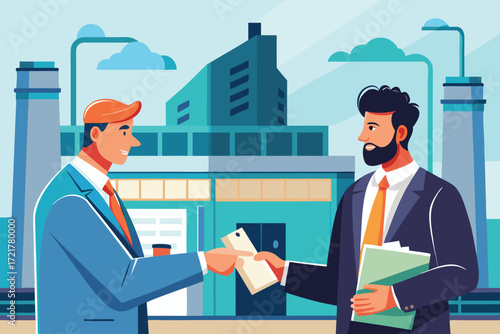 Business professionals exchanging documents in front of modern office building in a lively urban setting