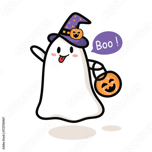 Adorable Ghost Holding Pumpkin BucketHalloween Party.