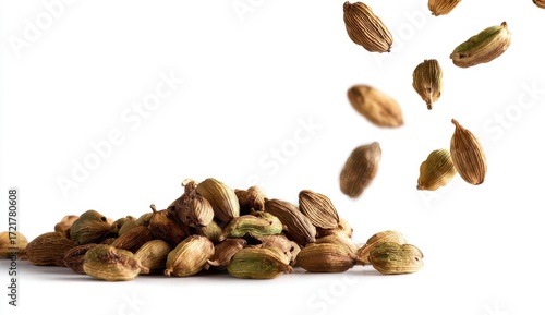 Cardamom seeds, falling and piled