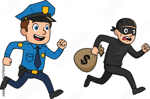 Cartoon illustration of a police officer chasing thief carrying stolen money bag, funny crime scene drawing for law enforcement, robbery, justice, cartoon vector
