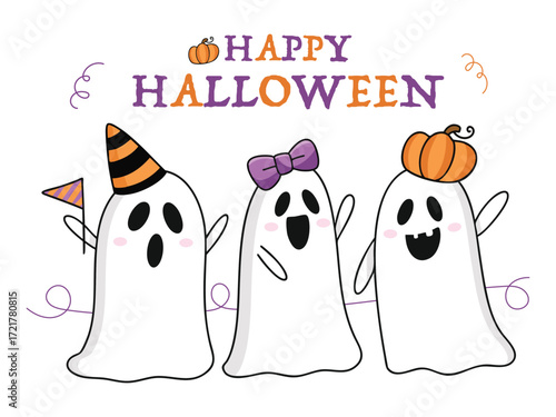 Cute Halloween Ghosts Characters Set With Party Hats And Pumpkin Hats.