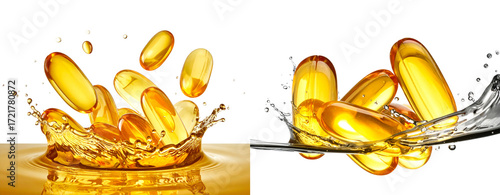 Sat Design - Sat if Scattered Omega-3 Soft Gels Splashing into Water – Transparent Background