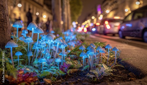 Illuminated mushrooms line a city street at night
