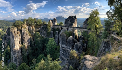 Panoramic view of sandstone formations with a bridge