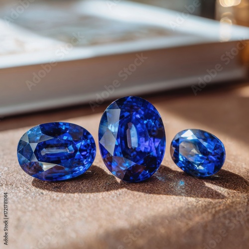 Three oval-shaped sapphires on a brown surface