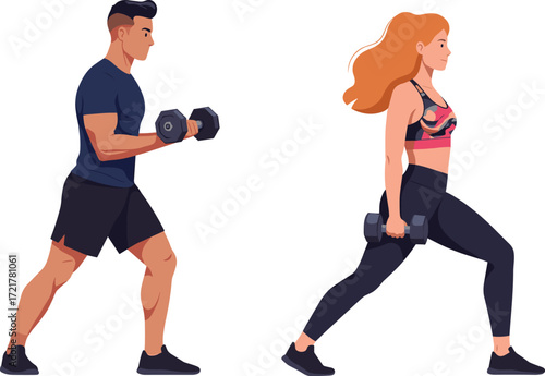 Fitness training with dumbbells, strength workout, bicep curls, lunges, active lifestyle, gym exercise, healthy body, home workout, athletic posture, motivation