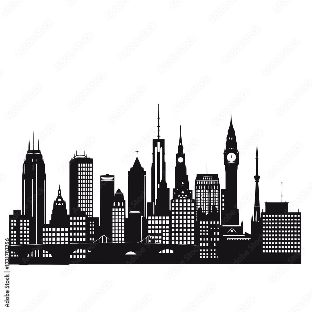 Naklejka premium Urban silhouette of downtown city skyline with a skyscraper tower