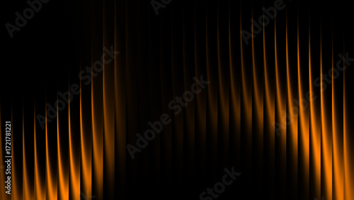 Abstract dynamic orange translucent stripes and light waves on black background, modern digital gradient fractal ripple glass flame pattern texture, futuristic decorative backdrop