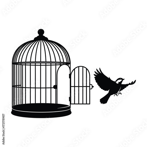 Silhouette of Bird Flying Out of Cage