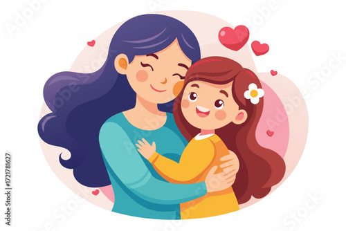 Mother and daughter share a joyful embrace with love and happiness in a colorful illustration