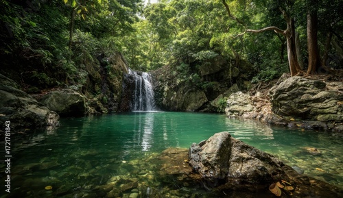 Lush waterfall cascading into a tranquil pool surrounded by dense jungle