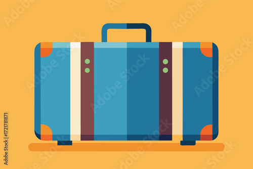 Bright blue suitcase with orange accents placed on a vibrant yellow background