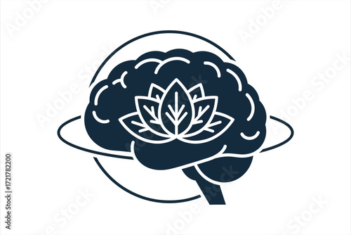 Dark blue brain icon with white lotus flower and orbiting circles mind meditation