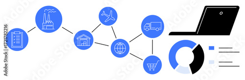 Chain of icons depicting factory, warehouse, airplane, truck, globe, and shopping cart leading to laptop and pie chart. Ideal for logistics, technology, e-commerce analytics industry